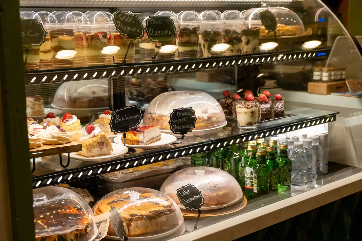 Pastries and cakes in a bakery display case