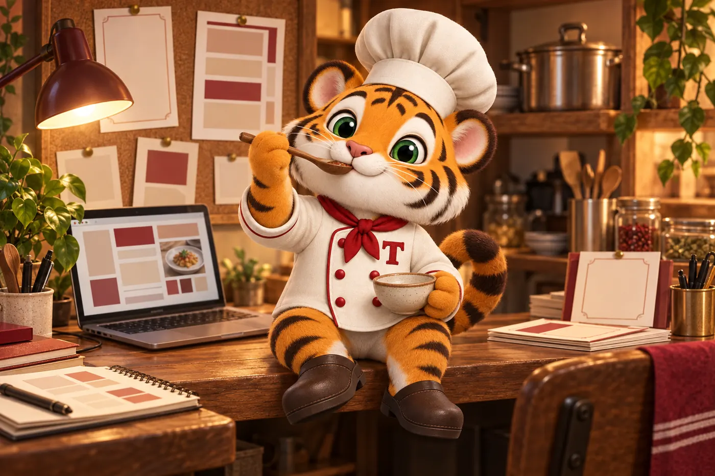 Tora, the tiger cub chef mascot, tasting from a wooden spoon at a desk in a small web studio