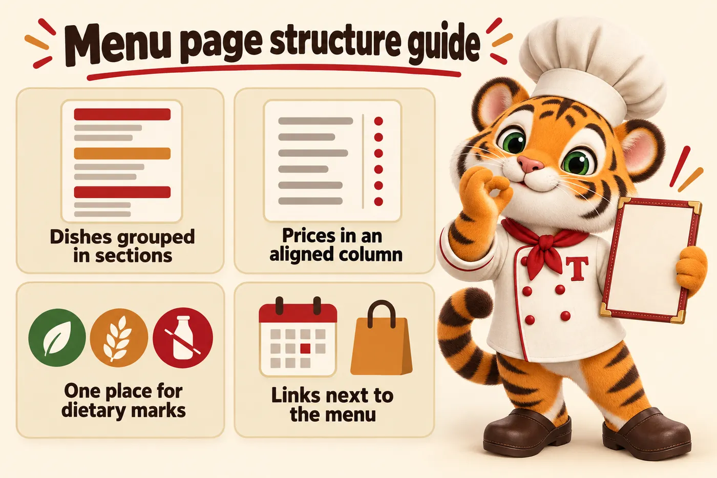 Infographic, Menu page structure guide: Dishes grouped in sections; Prices in an aligned column; One place for dietary marks; Links next to the menu. Tora, the tiger cub chef mascot, presenting a menu card.