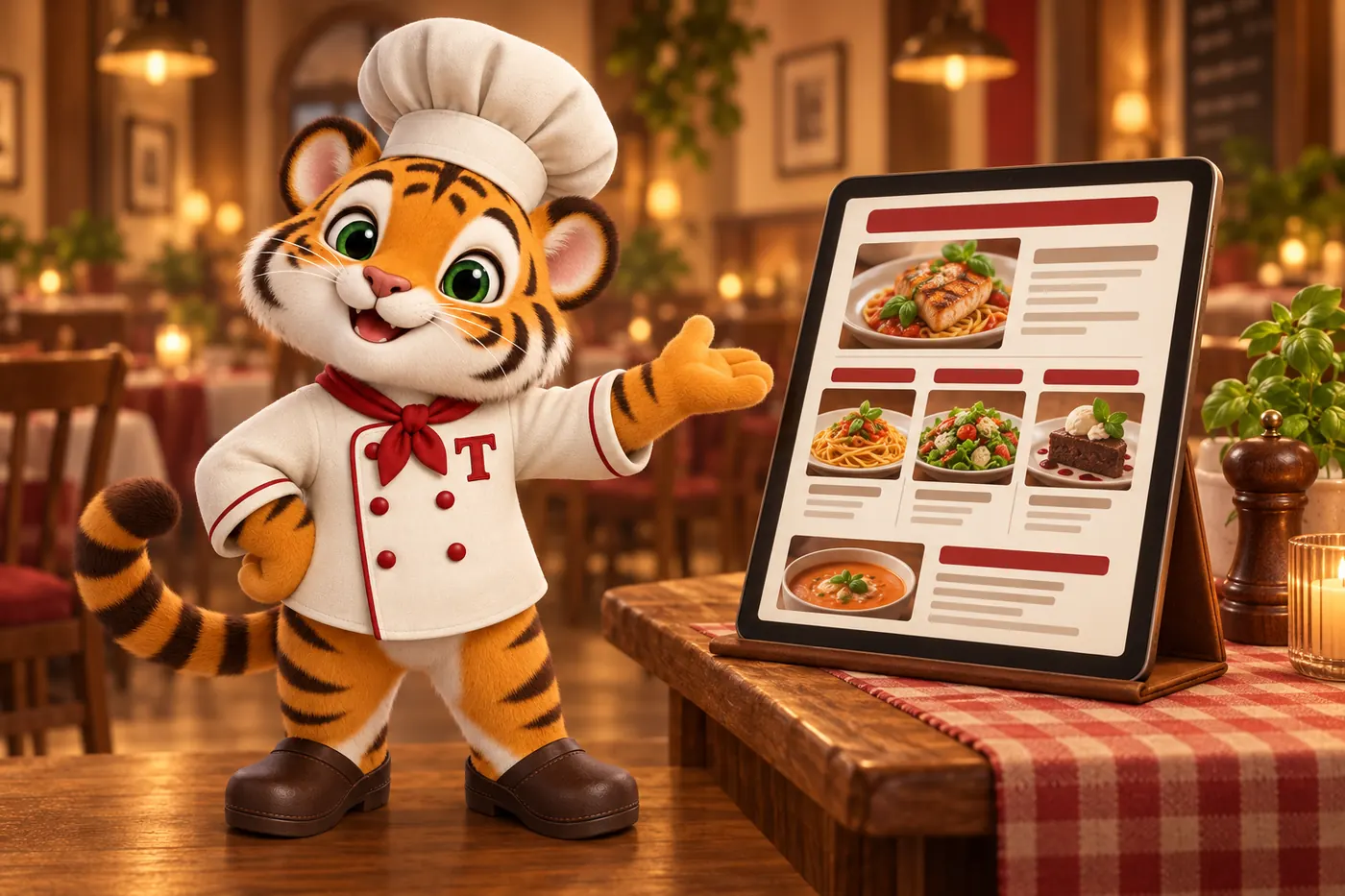 Tora, the tiger cub chef mascot, pointing at a menu page layout on a large tablet