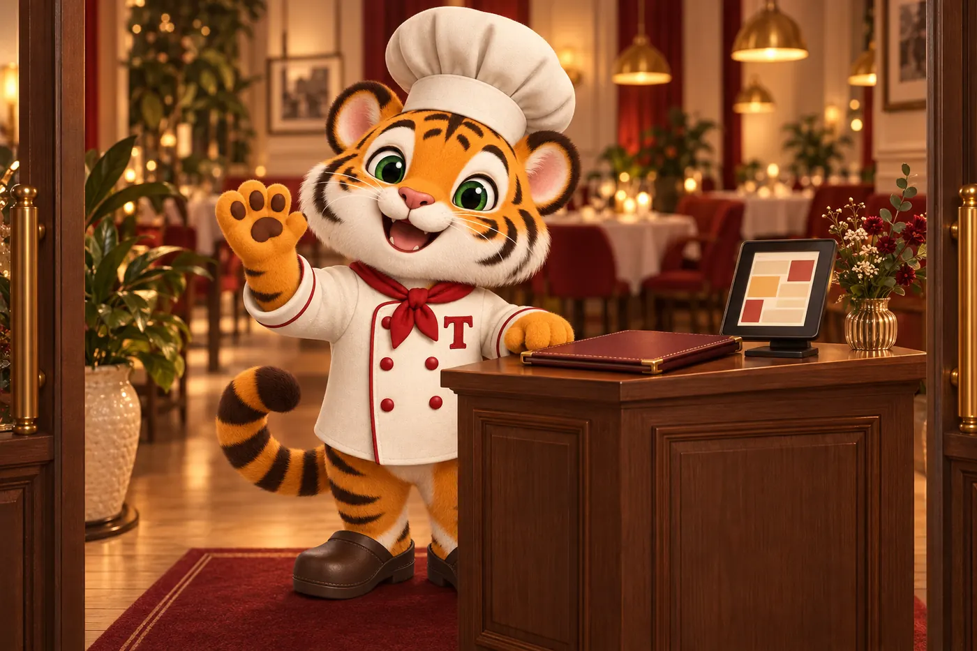 Tora, the tiger cub chef mascot, waving hello from behind a restaurant host stand