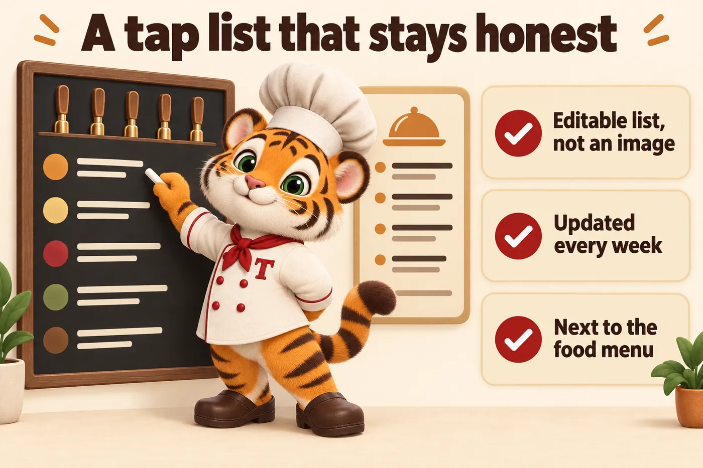 Infographic, A tap list that stays honest: Editable list, not an image; Updated every week; Next to the food menu. Tora, the tiger cub chef mascot, writing on the tap list board.