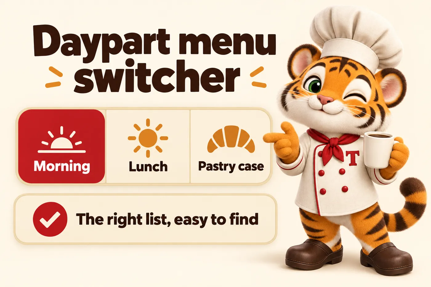 Infographic, Daypart menu switcher: Morning; Lunch; Pastry case; The right list, easy to find. Tora, the tiger cub chef mascot, carrying a tray of pastries.