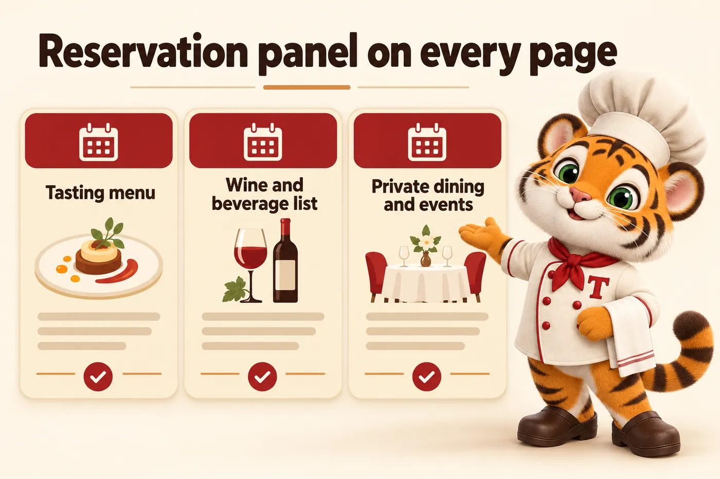 Infographic, Reservation panel on every page: Tasting menu; Wine and beverage list; Private dining and events. Tora, the tiger cub chef mascot, bowing like a maitre d'.