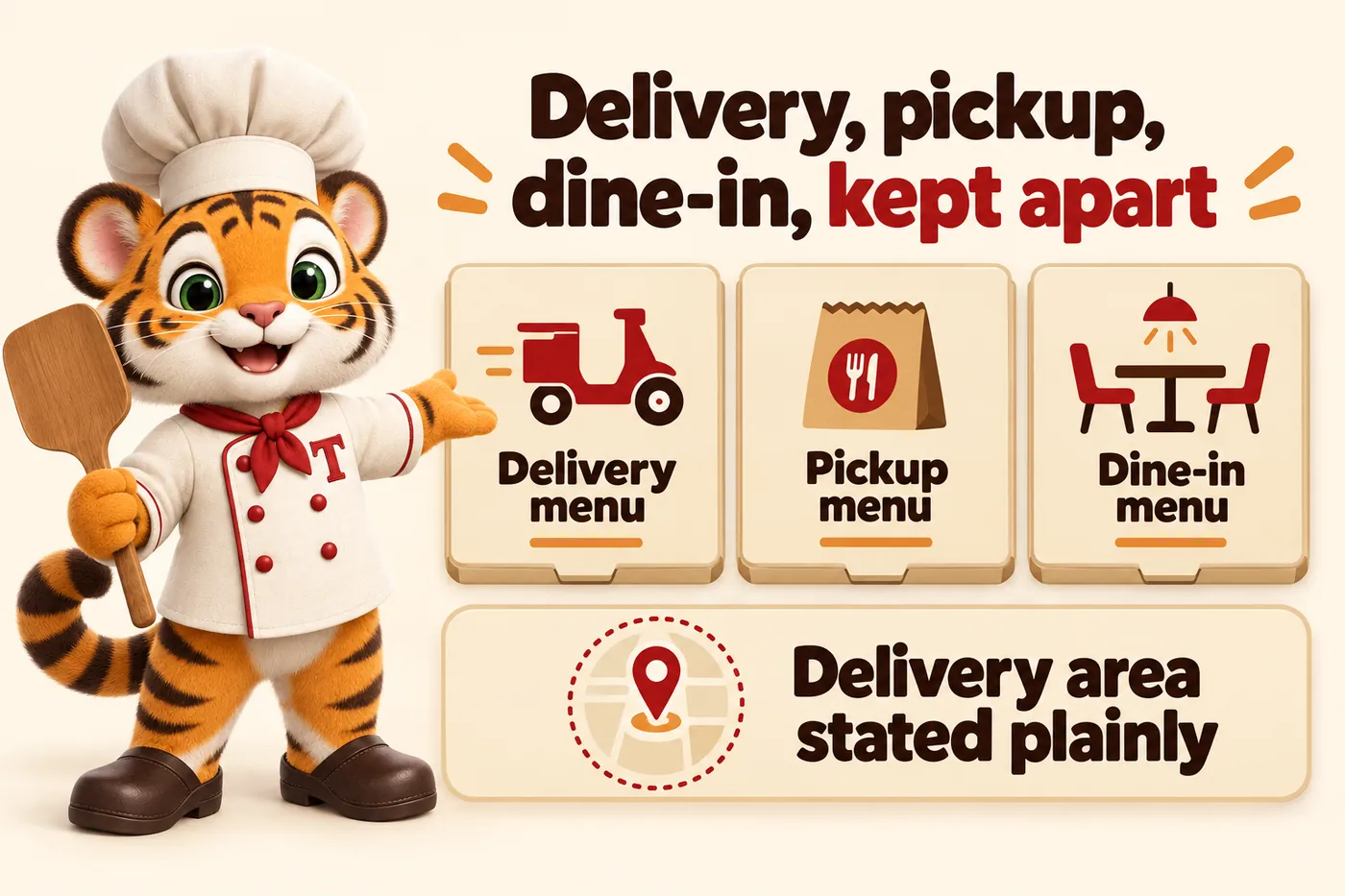 Infographic, Delivery, pickup, dine-in, kept apart: Delivery menu; Pickup menu; Dine-in menu; Delivery area stated plainly. Tora, the tiger cub chef mascot, holding a pizza peel.
