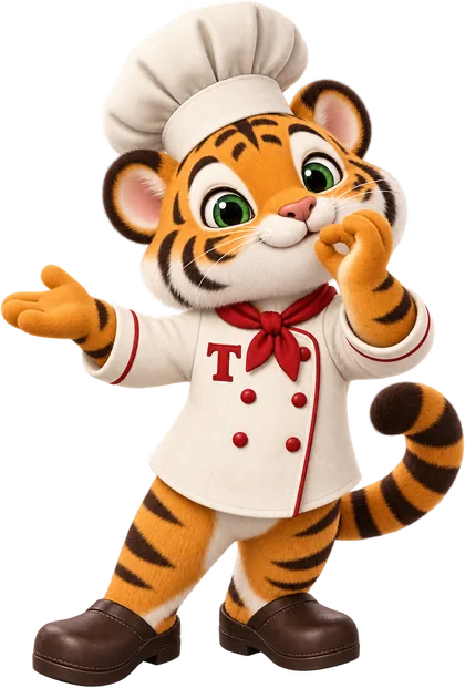 Tora, the tiger cub chef mascot, presenting the menu page with a chef's kiss