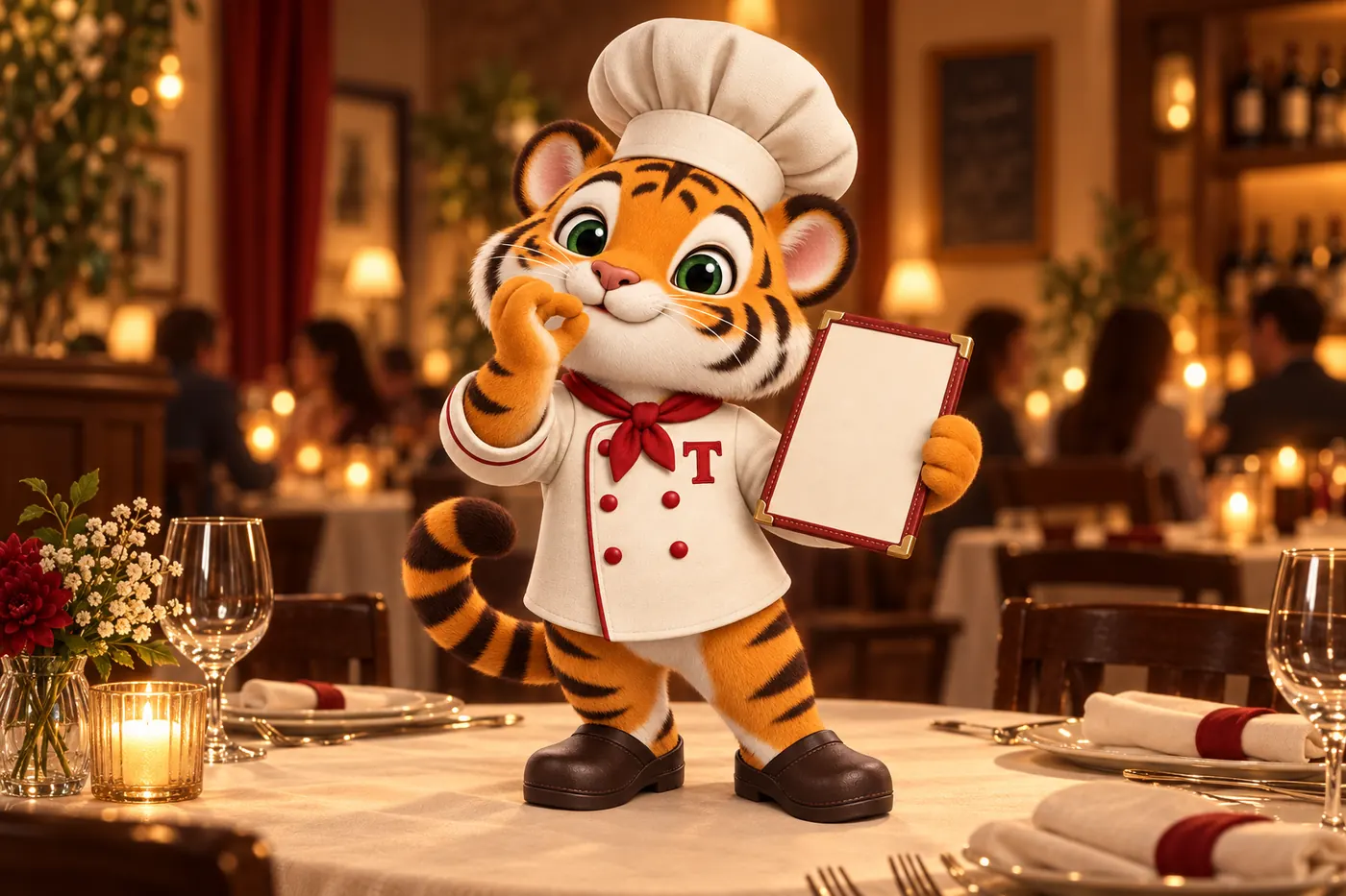 Tora, the tiger cub chef mascot, presenting a menu card on a set restaurant table