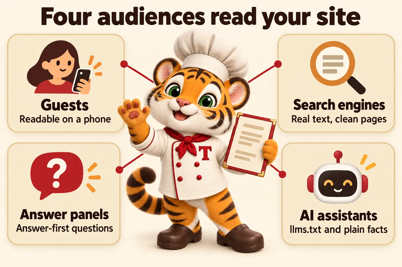 Infographic, Four audiences read your site: Guests, readable on a phone; Search engines, real text, clean pages; Answer panels, answer-first questions; AI assistants, llms.txt and plain facts. Tora, the tiger cub chef mascot, holding up a menu card in the middle.