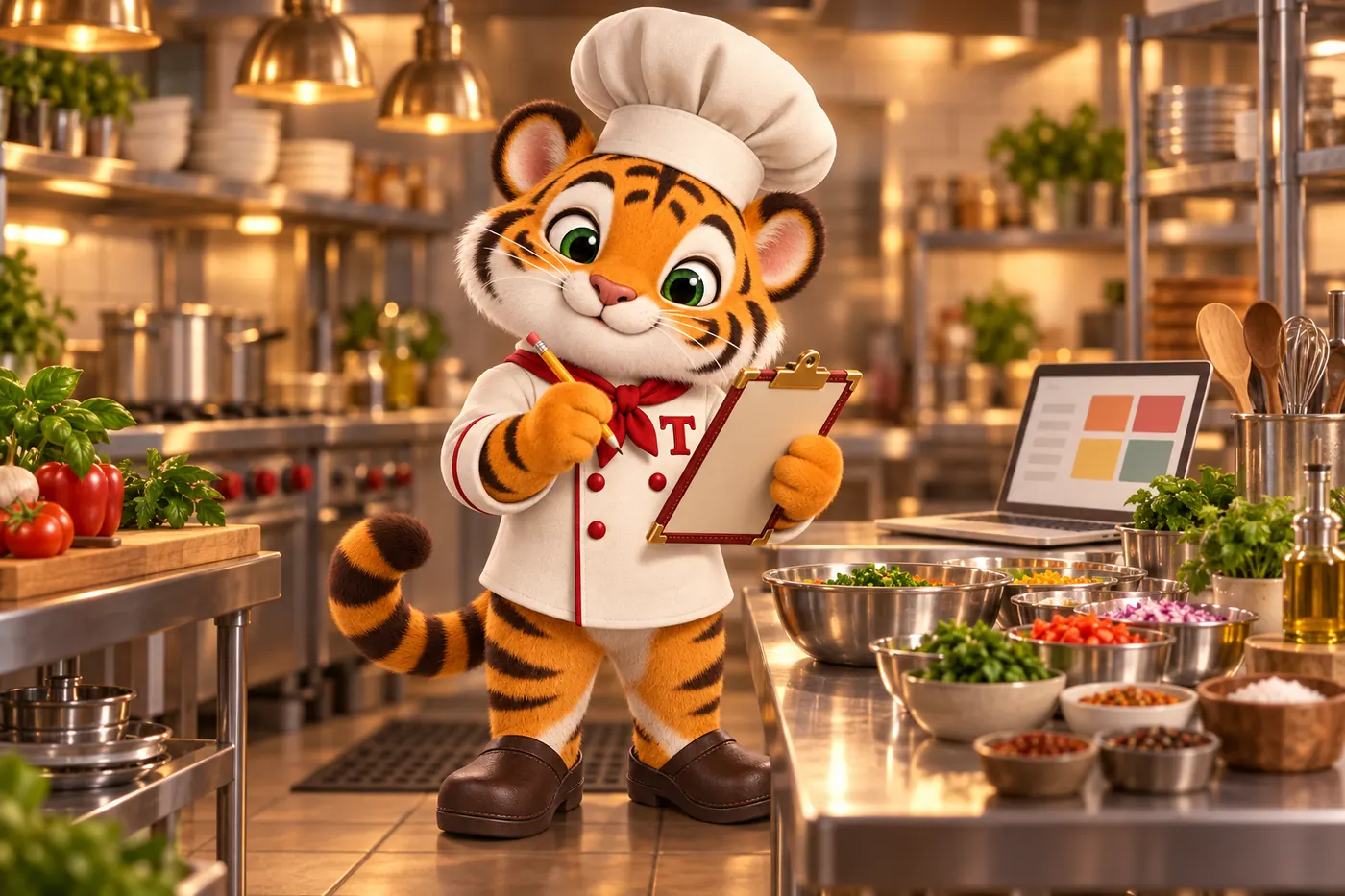 Tora, the tiger cub chef mascot, ticking off a clipboard checklist at a kitchen prep table