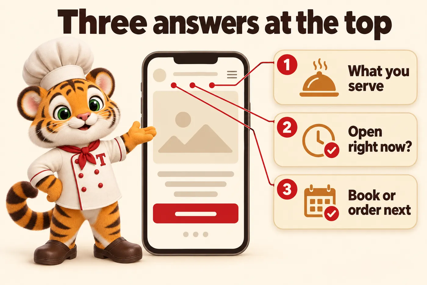 Infographic, Three answers at the top: What you serve; Open right now?; Book or order next. Tora, the tiger cub chef mascot, pointing at a phone showing a restaurant homepage.