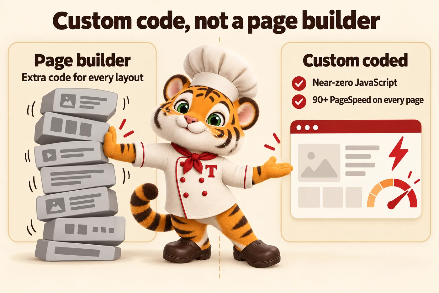 Infographic, Custom code, not a page builder: Page builder: extra code for every layout; Custom coded: near-zero JavaScript, 90+ PageSpeed on every page. Tora, the tiger cub chef mascot, pushing a wobbly tower of builder blocks aside.