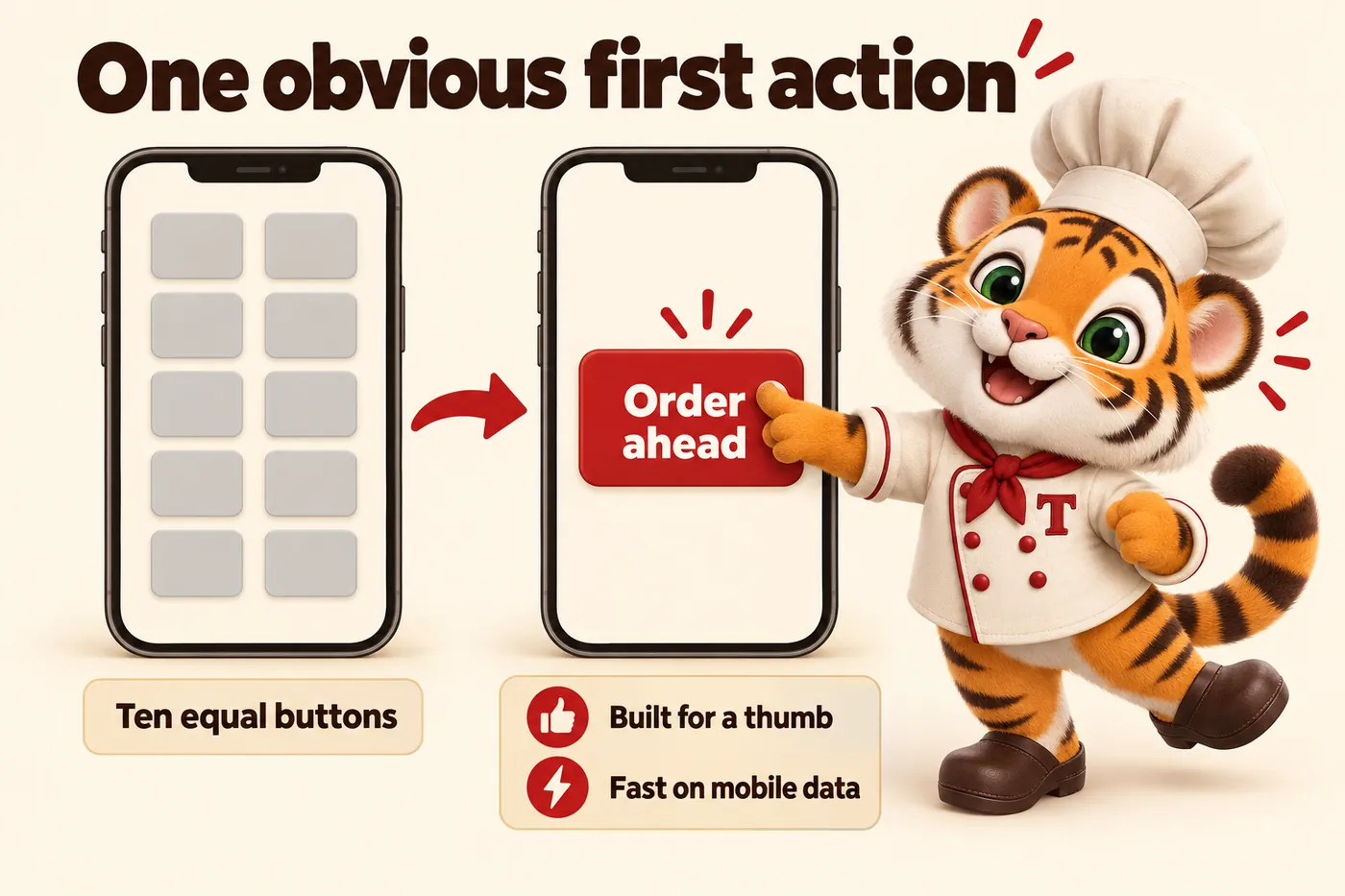 Infographic, One obvious first action: Ten equal buttons; Order ahead; Built for a thumb; Fast on mobile data. Tora, the tiger cub chef mascot, pressing the single order ahead button.
