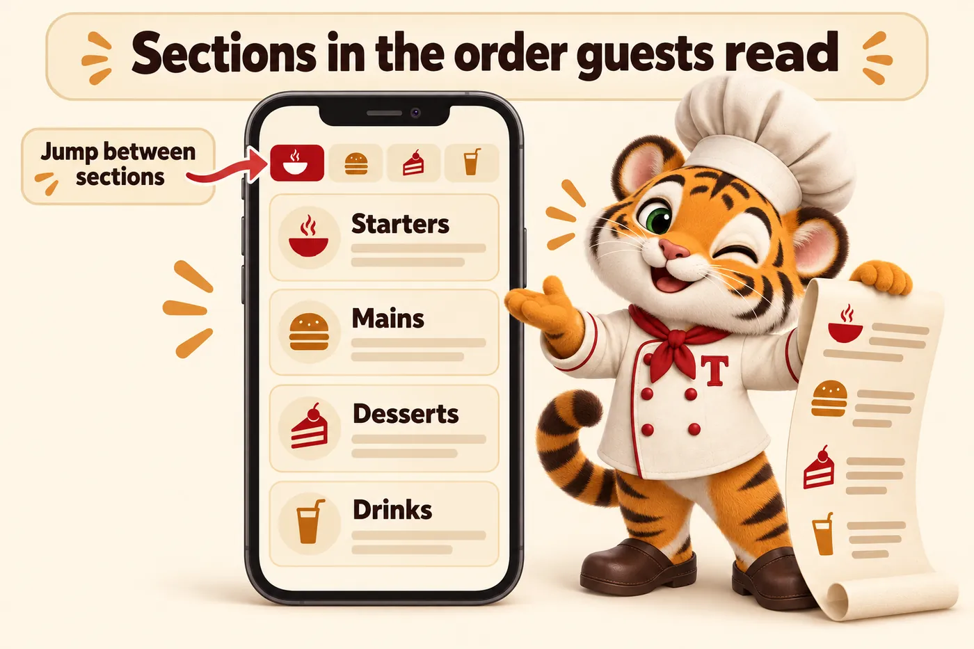 Infographic, Sections in the order guests read: Starters; Mains; Desserts; Drinks; Jump between sections. Tora, the tiger cub chef mascot, holding a long paper menu beside a phone.