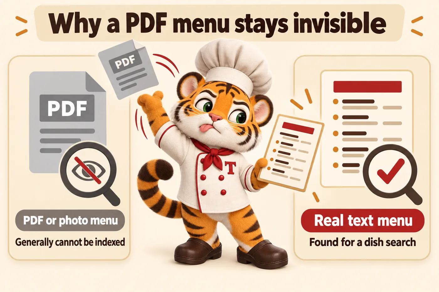 Infographic, Why a PDF menu stays invisible: PDF or photo menu: generally cannot be indexed; Real text menu: found for a dish search. Tora, the tiger cub chef mascot, tossing the PDF aside and presenting the text menu.