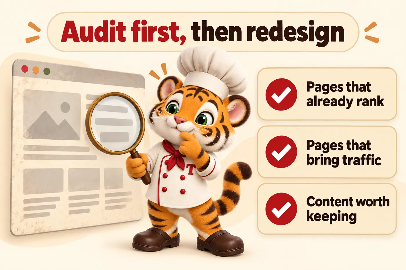 Infographic, Audit first, then redesign: Pages that already rank; Pages that bring traffic; Content worth keeping. Tora, the tiger cub chef mascot, checking an old site with a magnifying glass.